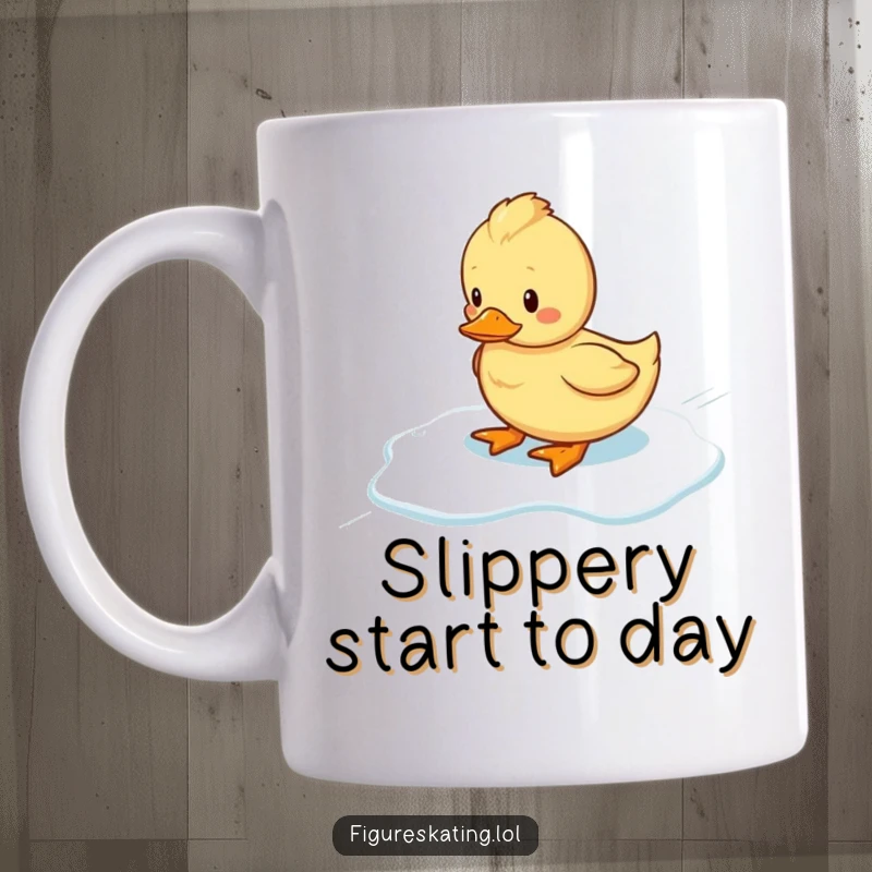 Funny wobbly duckling comically sliding across a frozen ice surface, depicted on a mug, celebrating awkward charm.