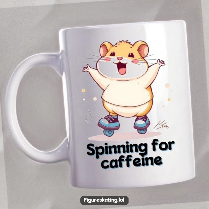 Funny chubby hamster ice skating mug, shown mid-spin with skates on, radiating pure, wobbly joy and delightful clumsiness.