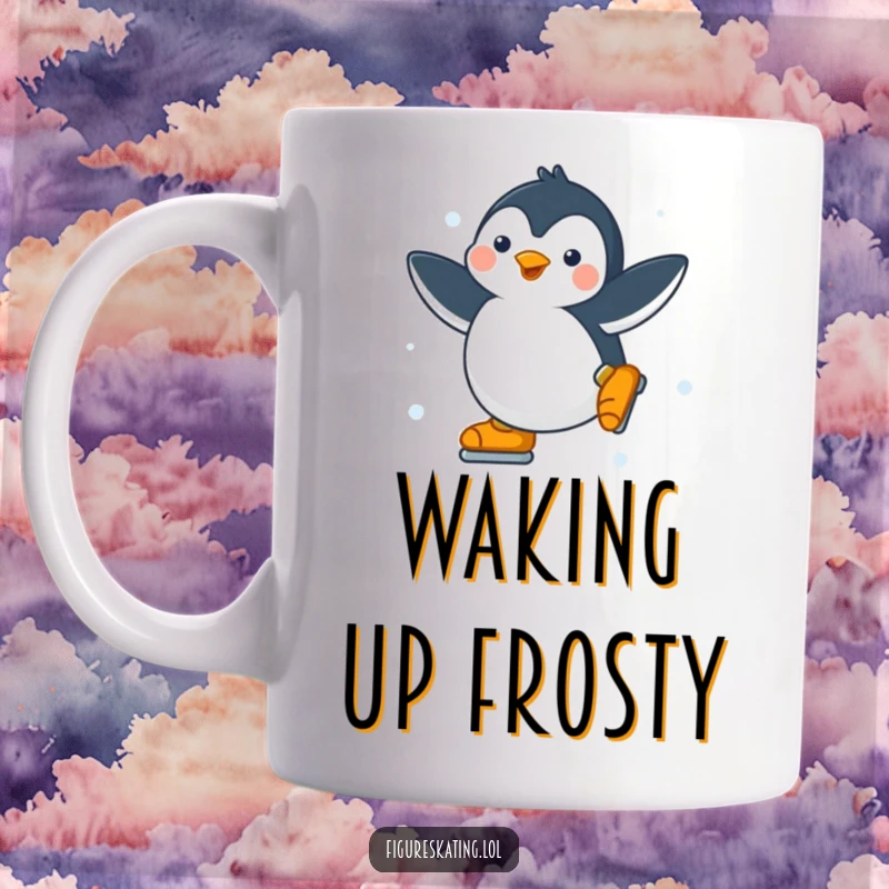Funny Penguin Mug: A happy penguin gracefully spinning on ice skates, radiating pure joy and winter athletic charm.