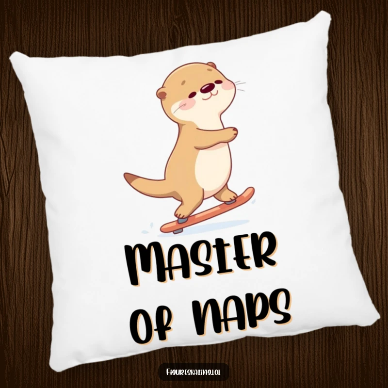 Funny Otter Gliding Pillow: A graceful otter gliding backwards on skates with a serene expression, offering comfort.