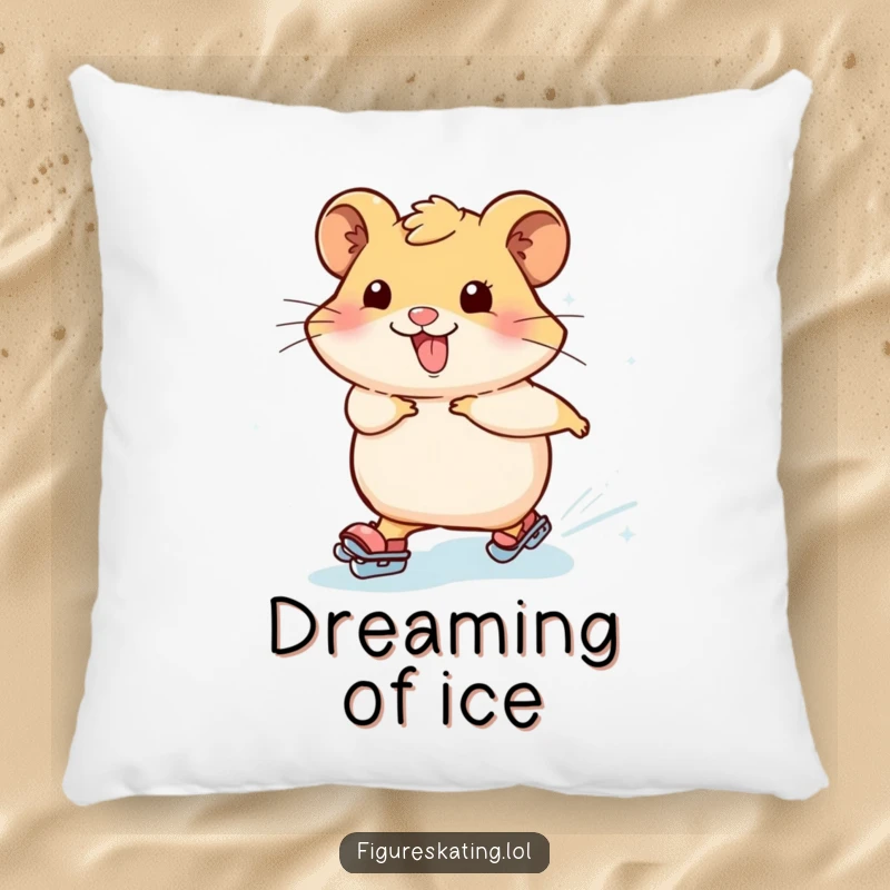 Funny hamster pillow featuring a happy hamster ice skating with a trail of shimmering icy sparkles, perfect for adding a playful touch to any room.