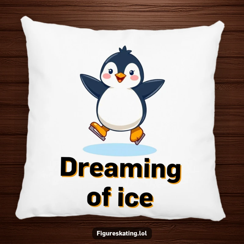 Funny happy penguin ice skating on a soft pillow, offering comfort and a playful winter vibe.