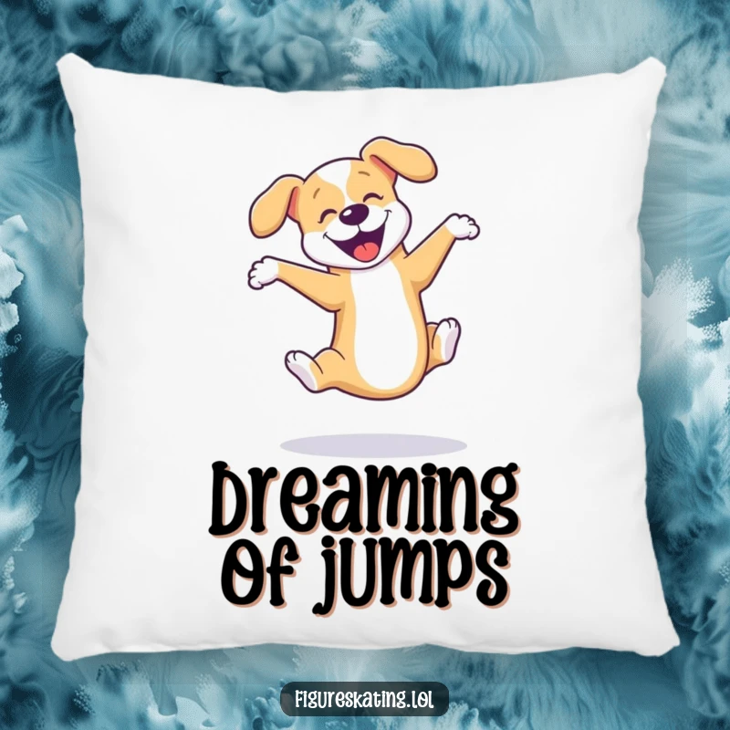 Funny dog ice skating pillow featuring a joyful dog mid-triple axel, symbolizing athletic achievement and pure happiness.