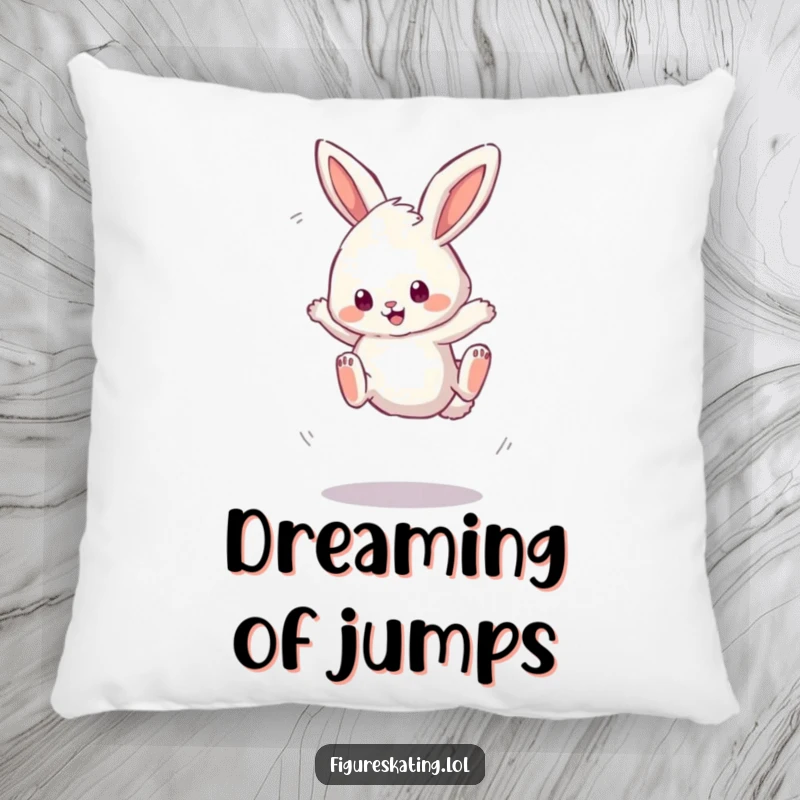 Funny pillow with a fluffy bunny attempting a wobbly triple jump, offering comfort and a dash of endearing humor.