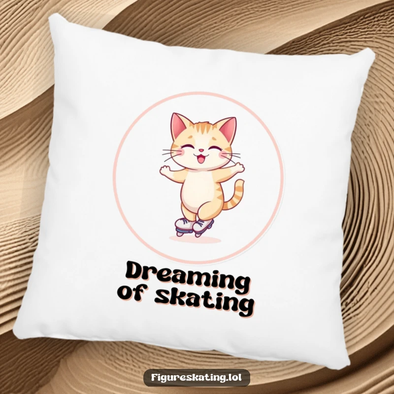 Funny pillow design of a giggling cat skating gracefully in a wide circle, embodying playful elegance and cheer.