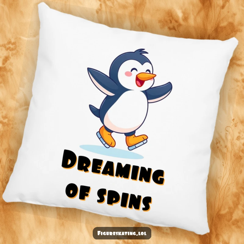 Funny pillow, joyful penguin twirling with arms outstretched on ice skates, offering cozy humor and winter charm.