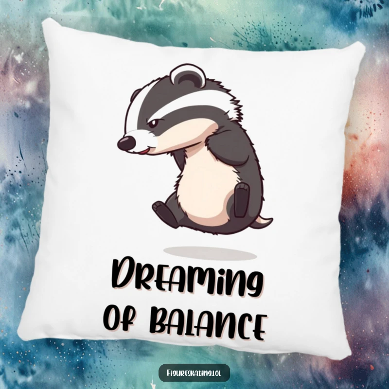 Funny pillow illustration of a badger falling while trying to spin on ice skates, comical and soft.
