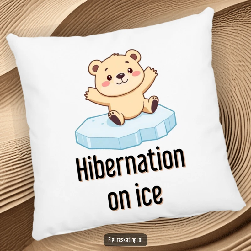 Funny bear cub ice skating pillow showcasing a curious cub sliding on ice with arms outstretched, offering humorous comfort and decor.