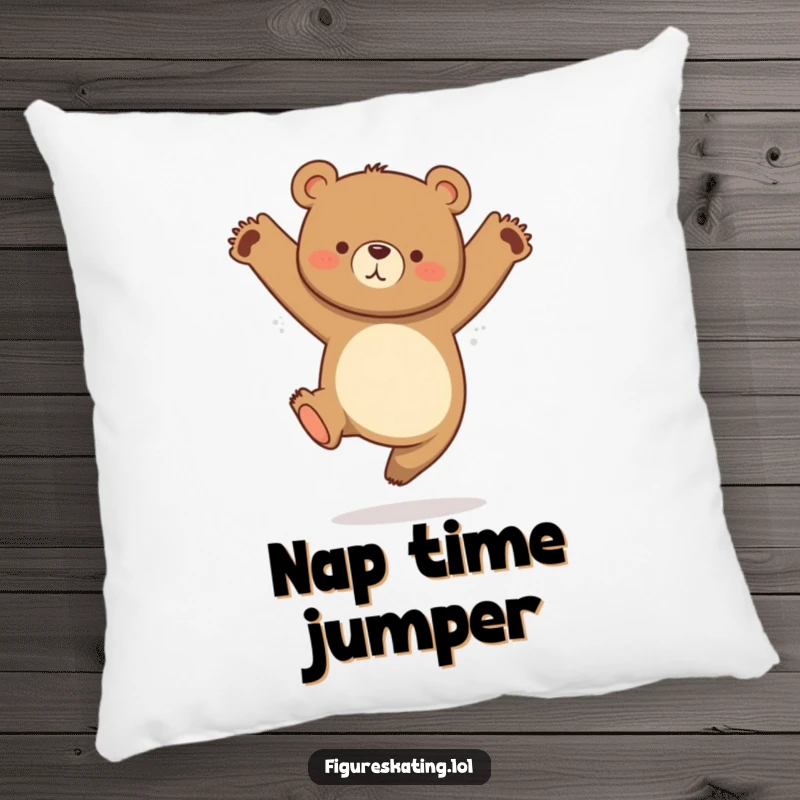 Funny pillow featuring a curious bear mid-graceful jump with tucked legs, bringing comfort and playful humor.