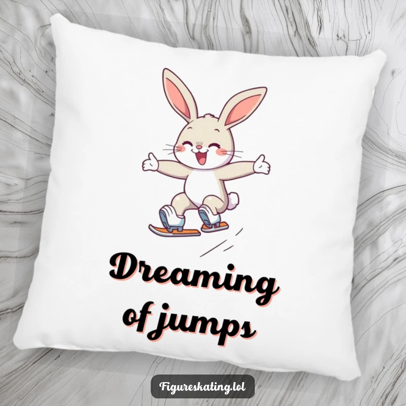 Funny pillow featuring a determined, smiling bunny executing a graceful jump on ice skates, adding comfort and humor.