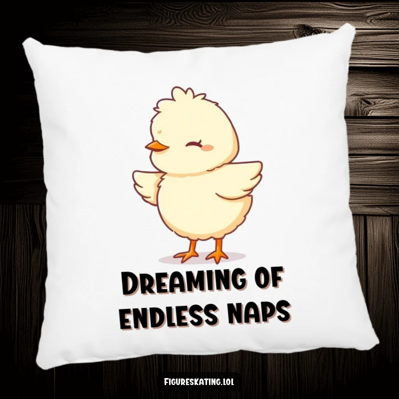 Funny Chick Pillow featuring a fluffy cartoon chick pirouetting with eyes closed in concentration, designed for cozy relaxation.