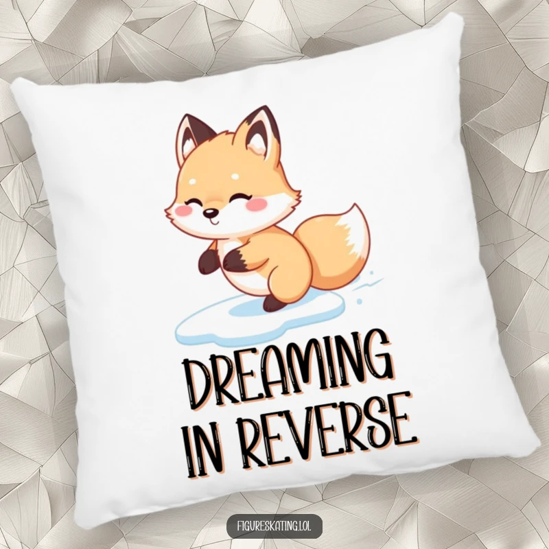 Funny Fox Glide Pillow, depicting a fluffy fox happily gliding backwards on ice, adding cozy comfort and winter humor.