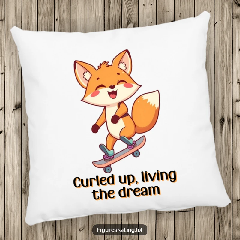 Funny Fox Pillow featuring a delighted cartoon fox skating backward with a wide smile, designed for cozy enjoyment.