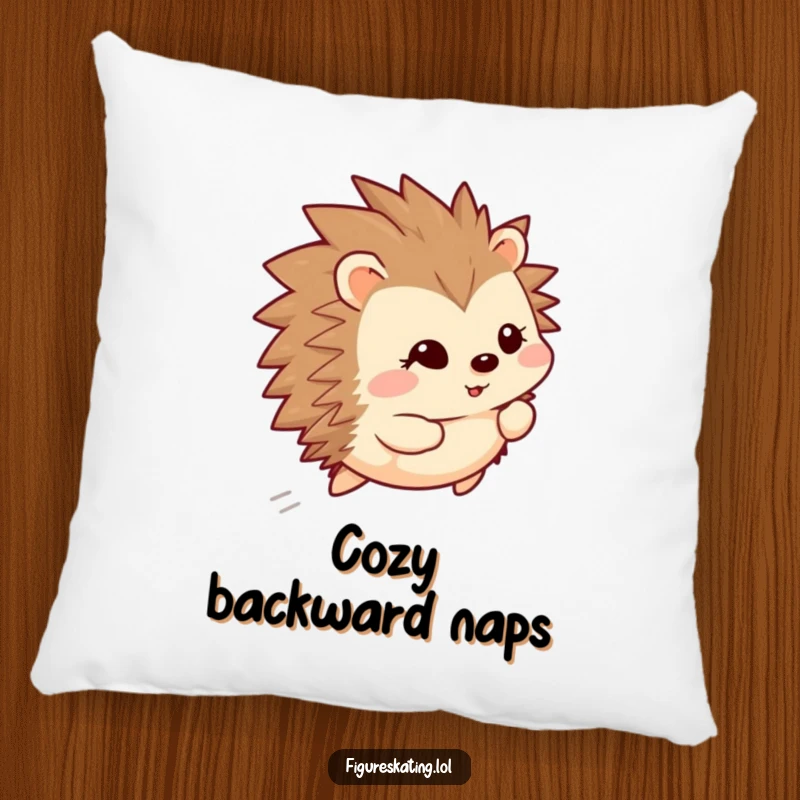 Funny happy hedgehog gliding backward with a shy smile on a soft pillow, bringing comfort and amusement.