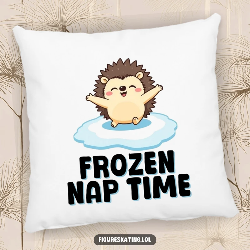 Funny Pillow: A happy hedgehog gliding across the ice with arms spread, adding a touch of humorous winter delight to home decor.