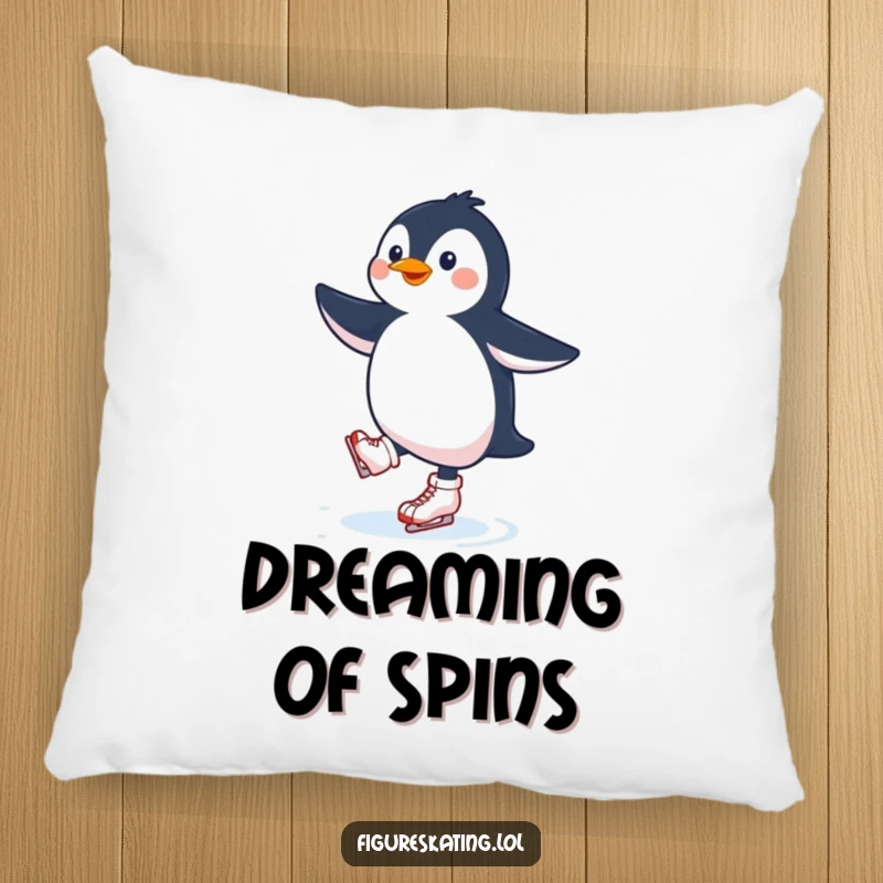 Funny penguin ice skating pillow featuring a cheerful penguin perfectly balanced on ice skates, a symbol of playful winter fun.