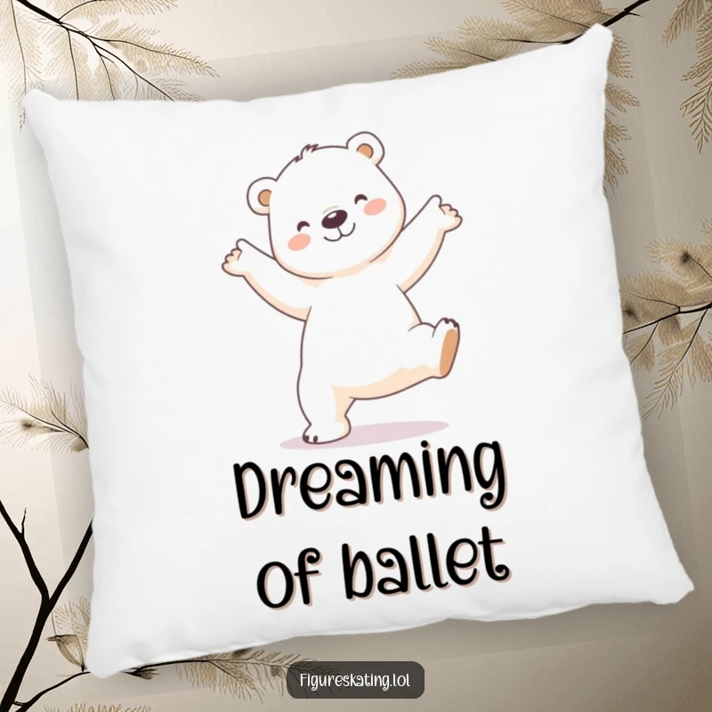 Funny Polar Bear Pillow: Soft pillow featuring a smiling polar bear performing a delicate arabesque pose, offering comfort and elegance.
