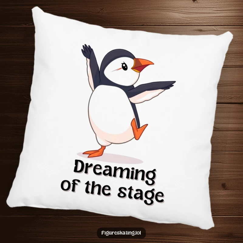 Funny Puffin Pirouette Pillow, showing a determined puffin performing an elegant pirouette, adding humorous comfort and artistic flair to home decor.