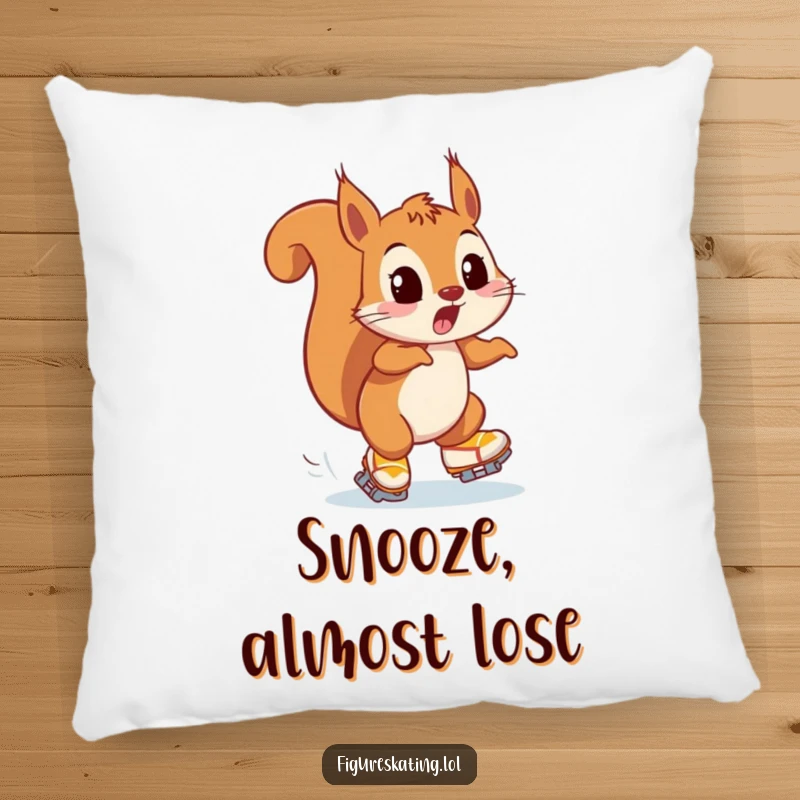 Funny pillow featuring a playfully surprised squirrel narrowly avoiding a collision on ice skates, adding comfort and humor.