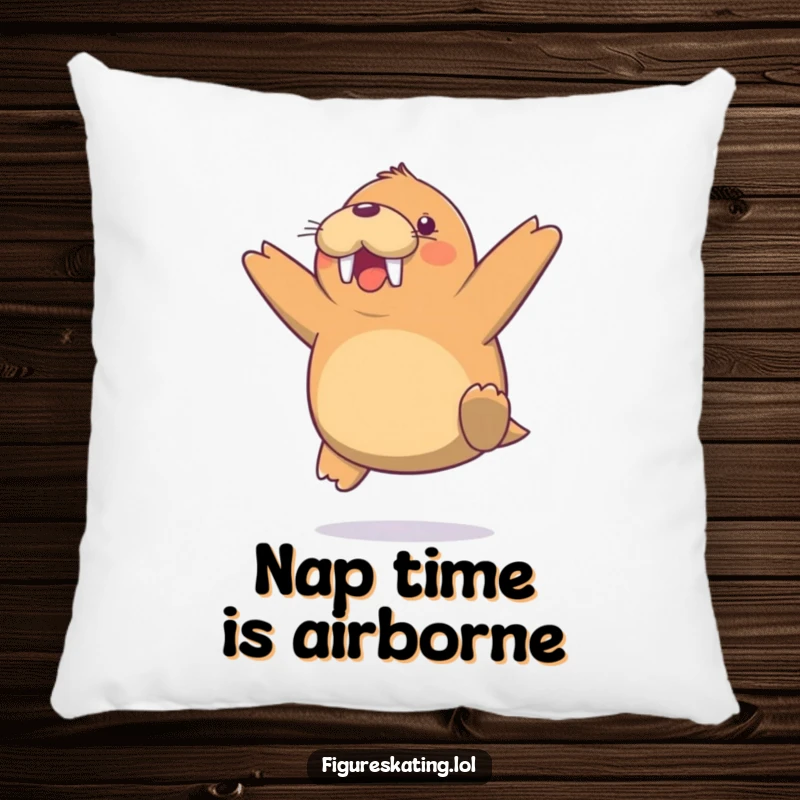 Funny Walrus Jump Pillow, depicting a cheerful walrus in a light mid-air jump, offering cozy comfort with arctic humor.