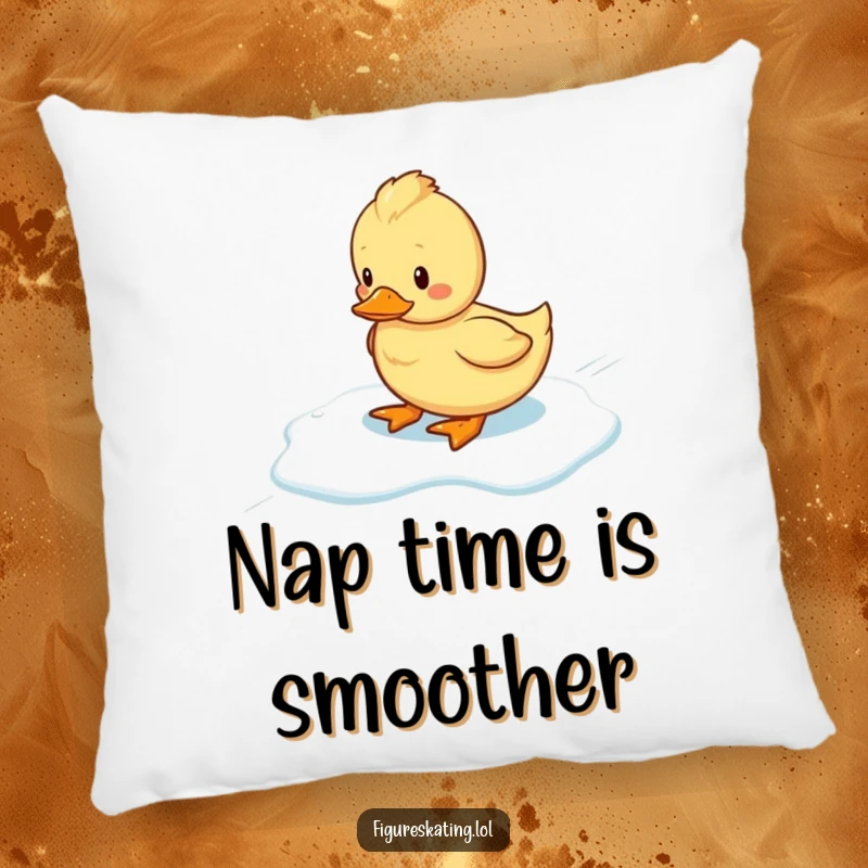 Funny wobbly duckling sliding on ice, printed on a soft pillow, bringing laughter and comfort.