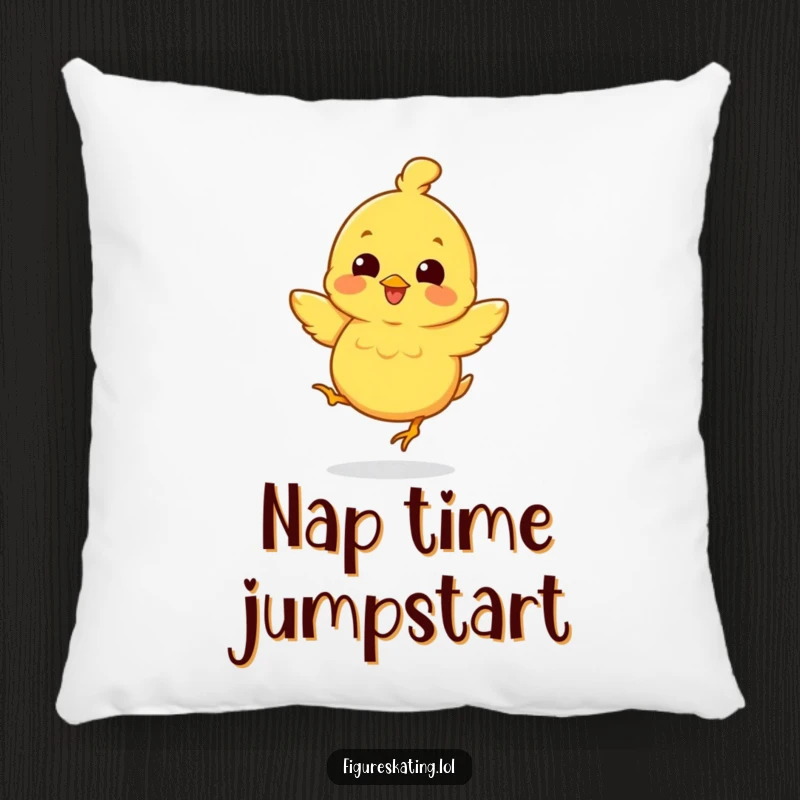 Funny pillow with a cheerful chick mid-jump and a wide smile, offering comfort and a touch of playful joy.