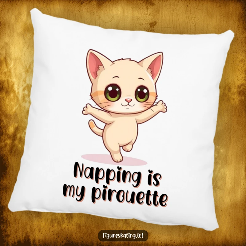Funny pillow featuring a curious cat with wide eyes doing a delicate pirouette, offering comfort and a dose of feline fun.