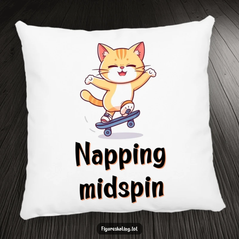 Funny cat ice skating pillow featuring a determined cat spinning on one skate, symbolizing focus and playful energy.