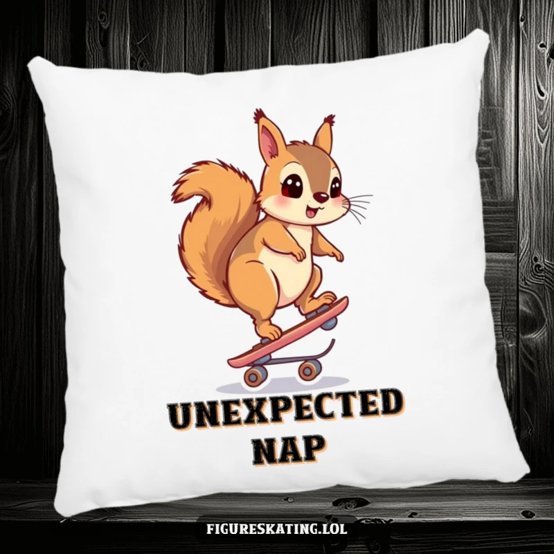 Funny pillow design of a squirrel looking surprised while balancing on a skate, offering plush humor and comfort.