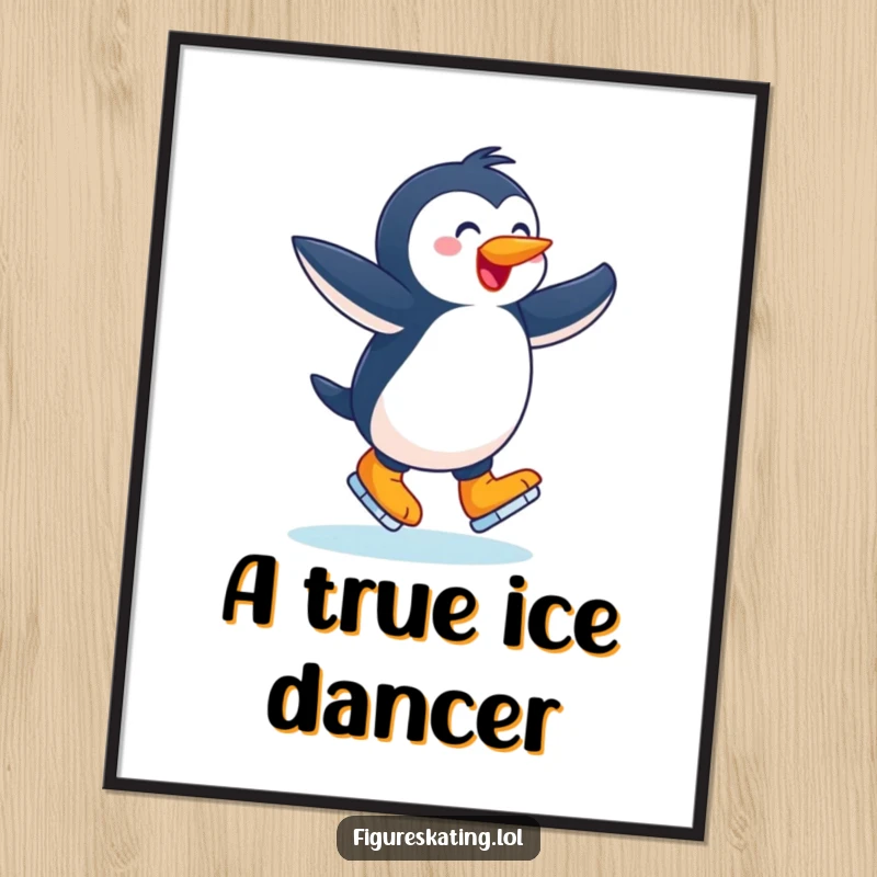 Funny digital art print, joyful penguin twirling with arms outstretched on ice skates, a charming and humorous winter illustration.