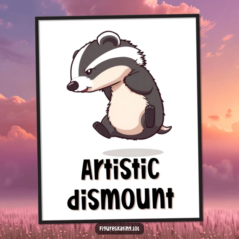 Funny digital art print of a determined badger falling during an ice skating spin, high-resolution humorous illustration.