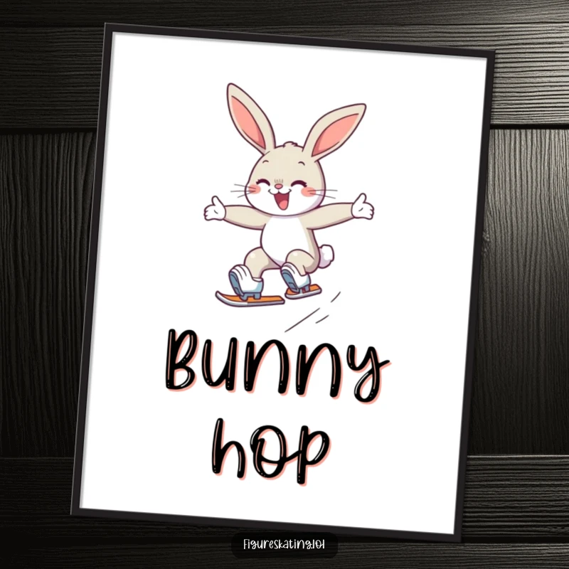 Funny digital art print of a determined, smiling bunny gracefully jumping on ice skates, capturing athletic spirit.