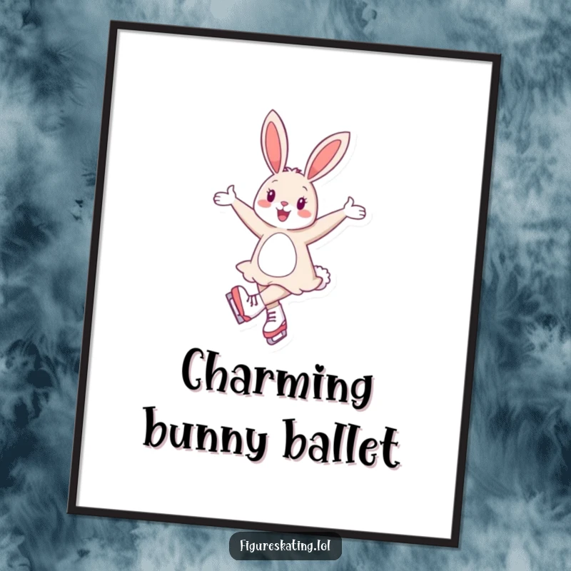 Funny digital art print of a cheerful bunny gracefully twirling on ice skates with elegant, extended arms, full of joy.