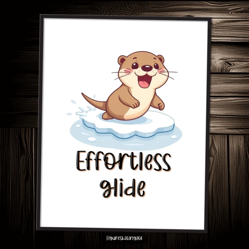 Funny digital art print of an excited otter sliding gracefully across ice with a flourish, embodying playful energy.