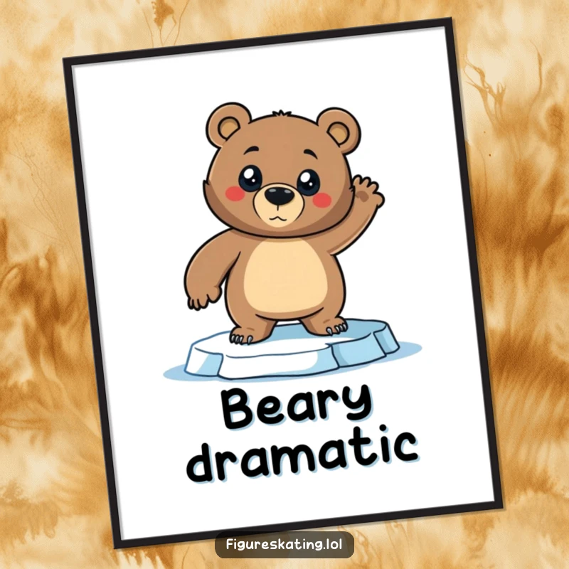 Funny Bear Digital Art Print: A confident bear strikes a dramatic pose on ice skates, showcasing athletic humor and dramatic flair for wall decor, a funny gift.