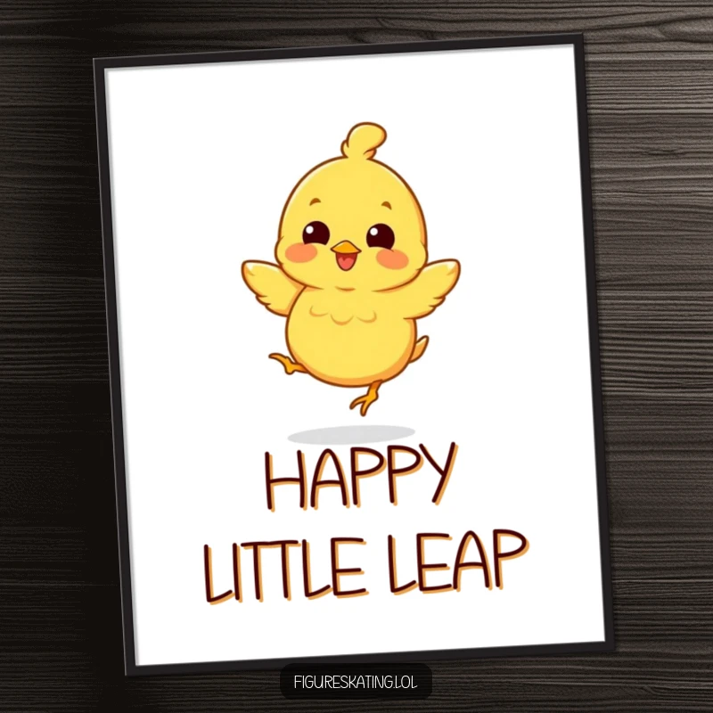 Funny digital art print of a smiling chick mid-jump, radiating pure happiness and cheerful energy.