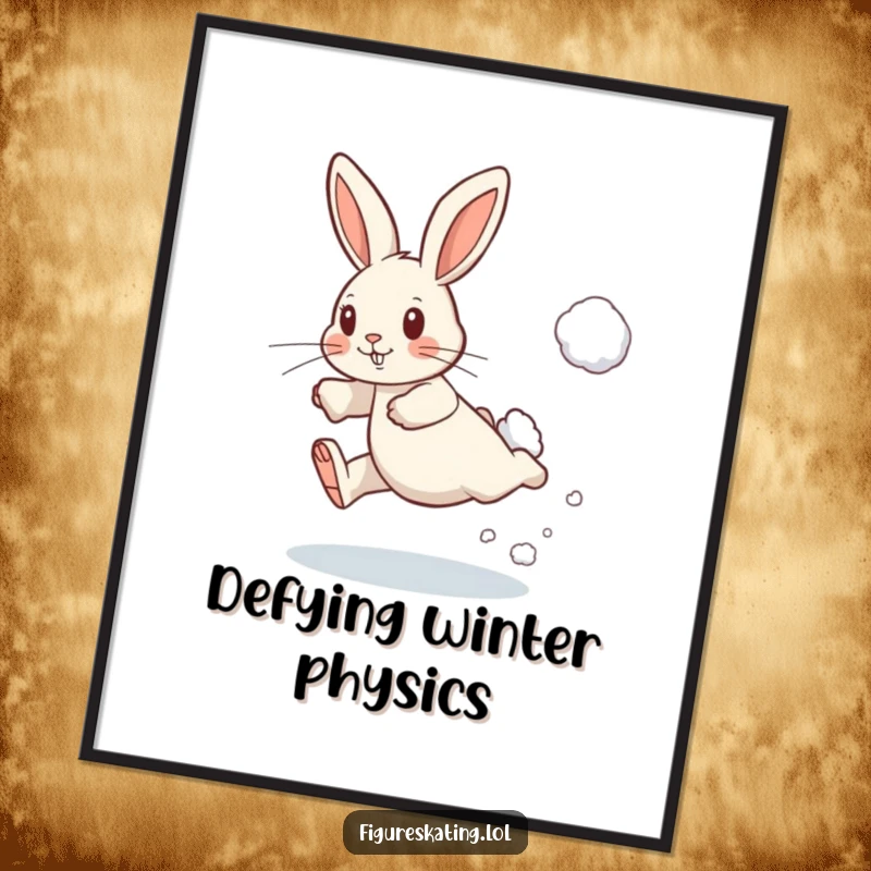 Funny digital art print of a determined rabbit leaping with a puff of snow, adding a humorous and energetic winter theme.