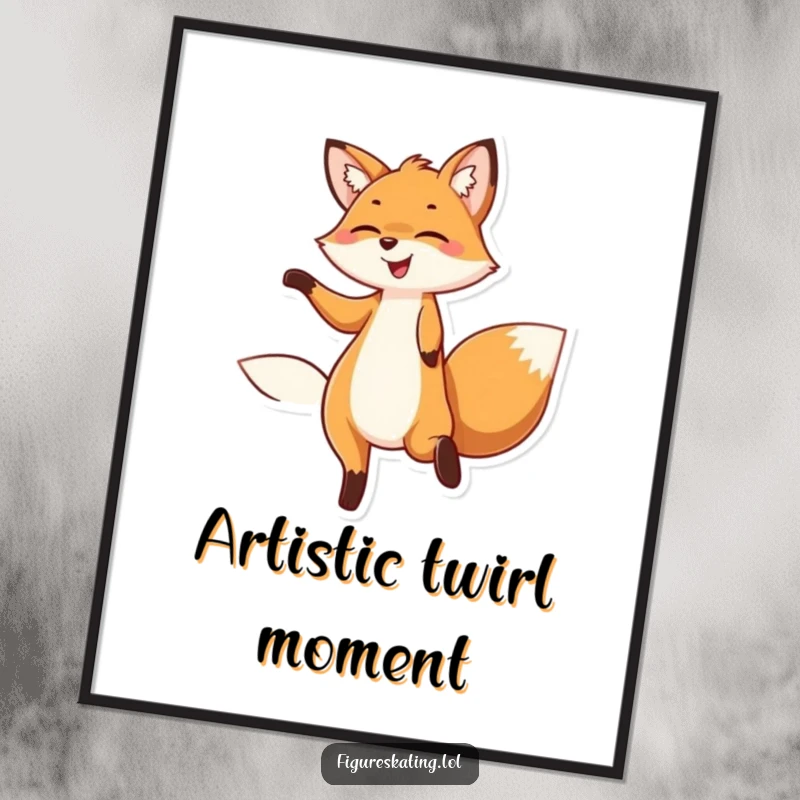 Funny digital art of a delighted fox smiling and twirling gracefully, perfect for printable wall decor.