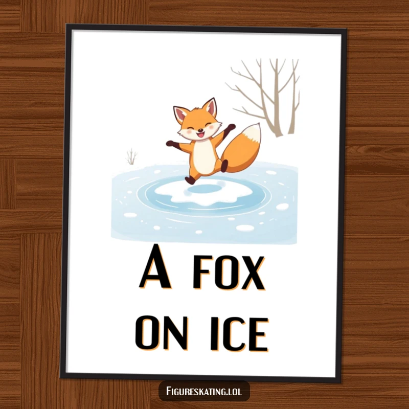 Funny digital art print, grinning fox performing a graceful spin on a frozen pond, a stylish and humorous winter illustration.