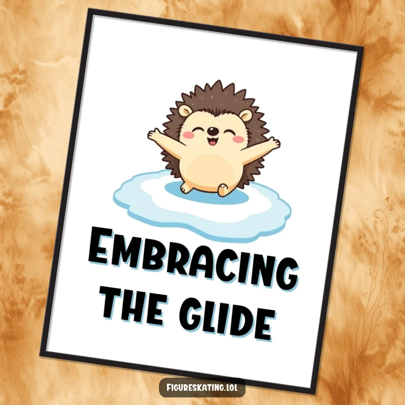 Funny Digital Art Print: A happy hedgehog gliding across the ice with arms spread, offering instant humorous and joyful winter decor.