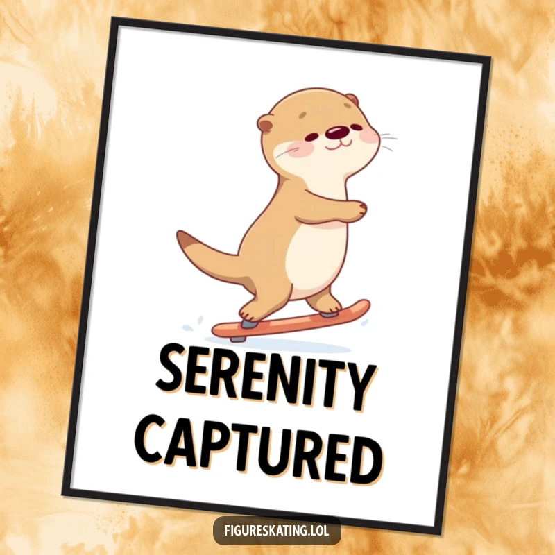 Funny Otter Gliding Digital Art Print: A graceful otter gliding backwards on skates with a serene expression, high-resolution humor.
