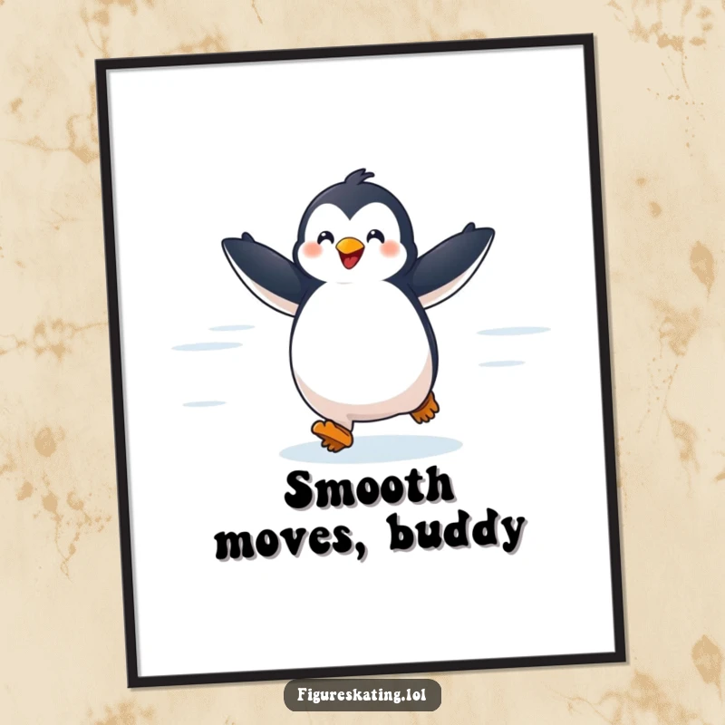 Funny digital art print of a delighted penguin gliding across ice with arms outstretched, capturing the spirit of winter fun.