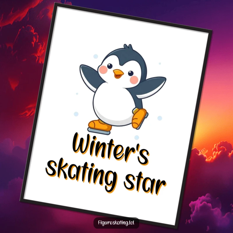 Funny Penguin Digital Art: Printable artwork of a happy penguin gracefully spinning on ice skates, delivering instant athletic charm.