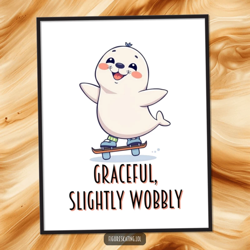 Funny Seal Skate Digital Art Print, showing a curious seal balancing on one skate with a wide grin, offering instant charm and humor.