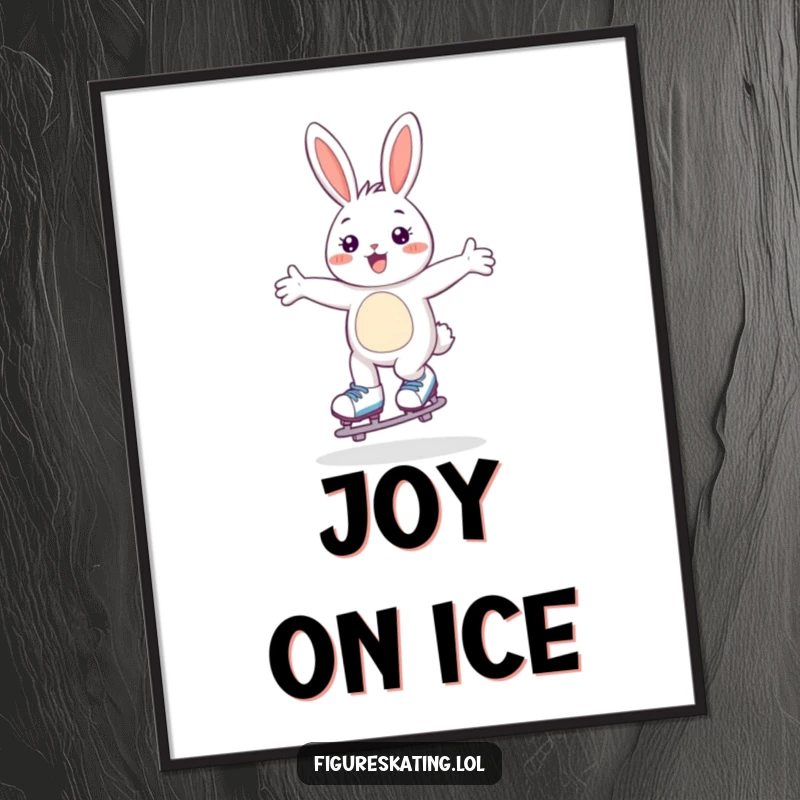 Funny digital art print of a happy bunny gliding on skates with arms wide open, great for instant cheer.