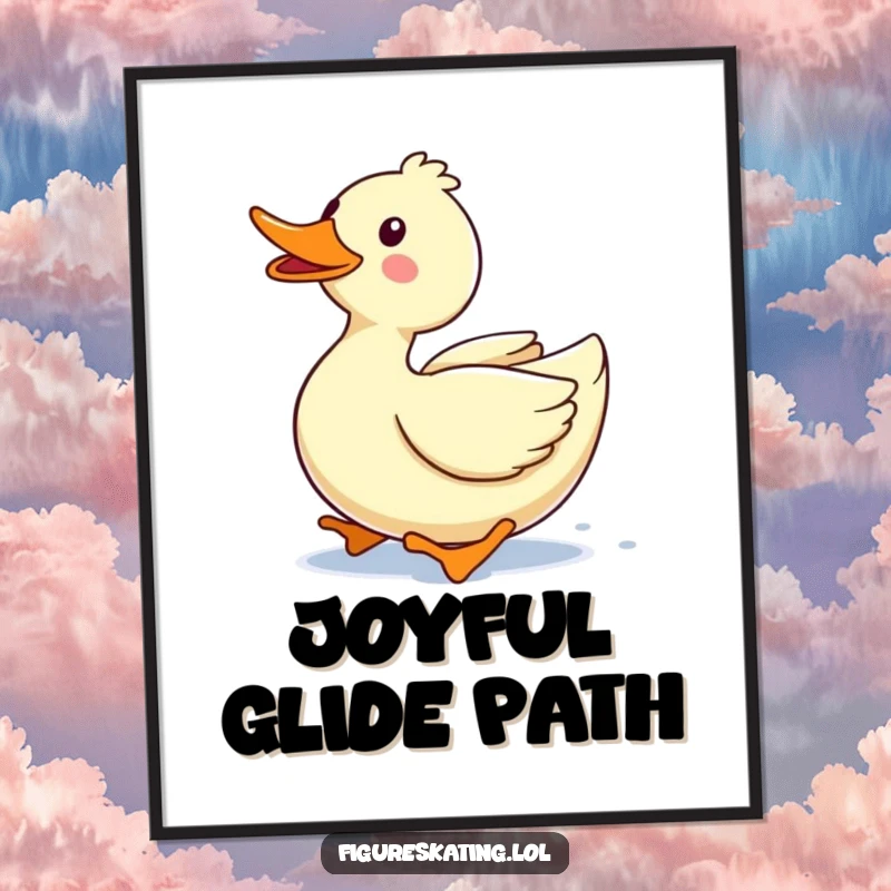 Funny digital art print of a delighted duck gliding forward with a happy quack, radiating pure happiness and cheer.