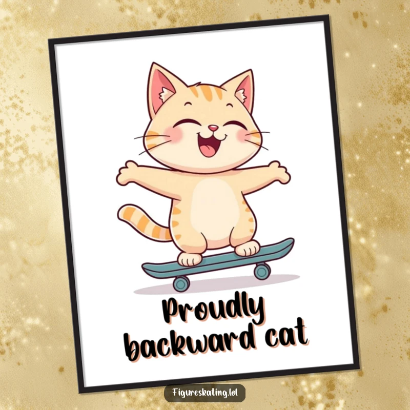Funny digital art print of a joyful cat skating backwards with a proud smile, capturing the spirit of feline coolness and confidence.
