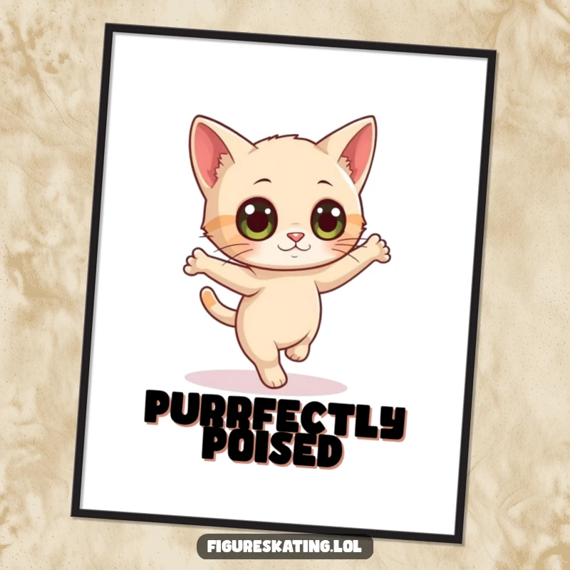 Funny digital art print of a curious cat with wide eyes attempting a delicate pirouette, adding a humorous and whimsical touch.