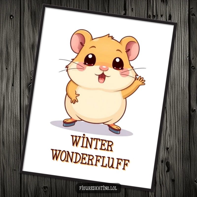 Funny hamster digital art print of a plump hamster with wide eyes attempting a figure skating pose, for instant humorous decor.