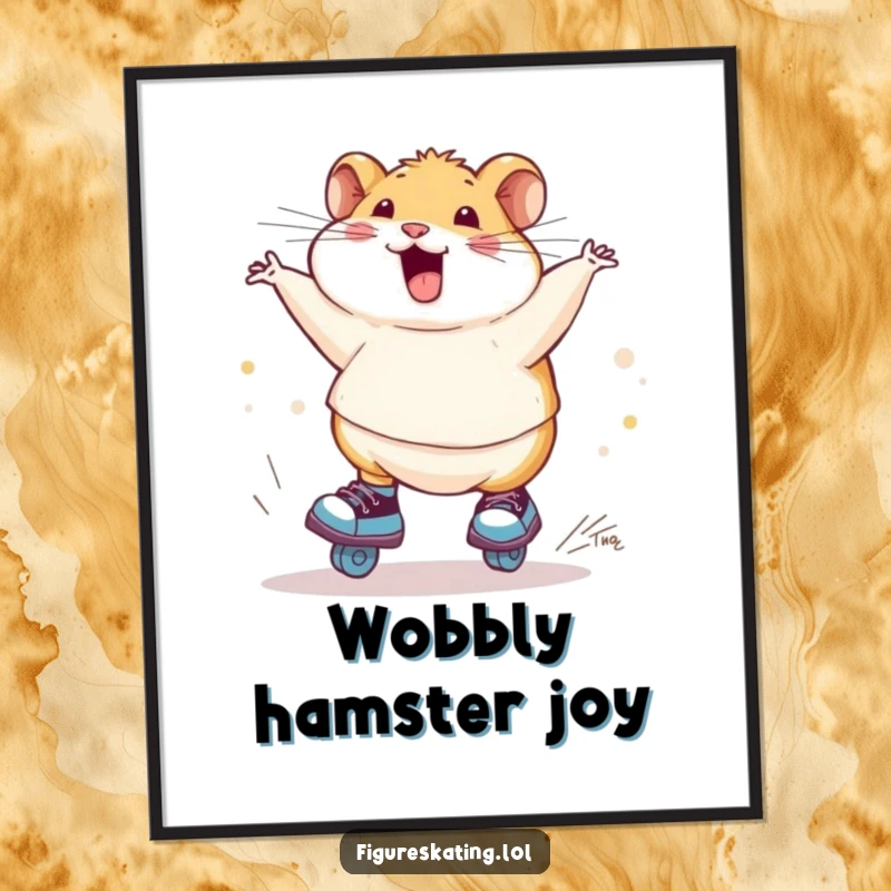 Funny chubby hamster ice skating digital art print, capturing a hamster mid-spin on skates, a vibrant and humorous visual for any room.